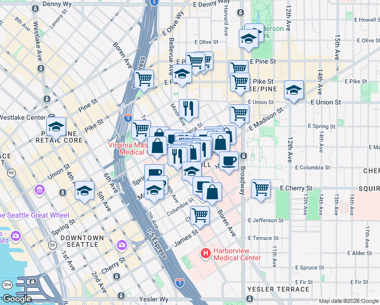 map of restaurants, bars, coffee shops, grocery stores, and more near in Seattle