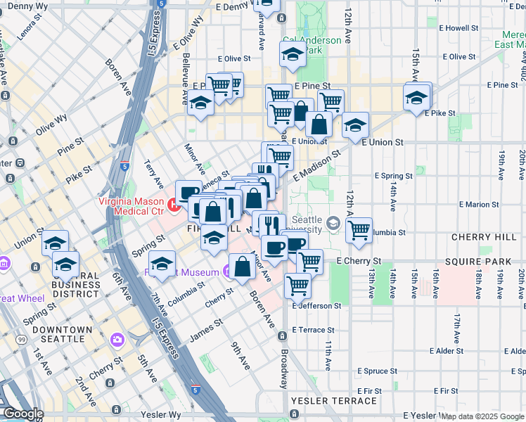 map of restaurants, bars, coffee shops, grocery stores, and more near 1229 Madison Street in Seattle