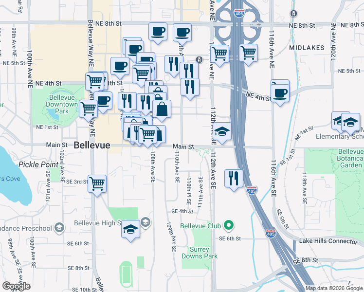 map of restaurants, bars, coffee shops, grocery stores, and more near Hillfair Shopping Center in Bellevue
