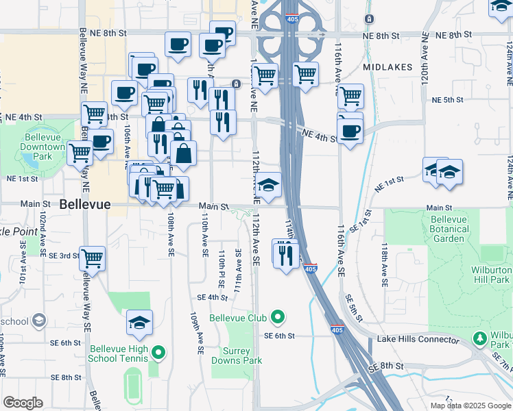 map of restaurants, bars, coffee shops, grocery stores, and more near in Bellevue