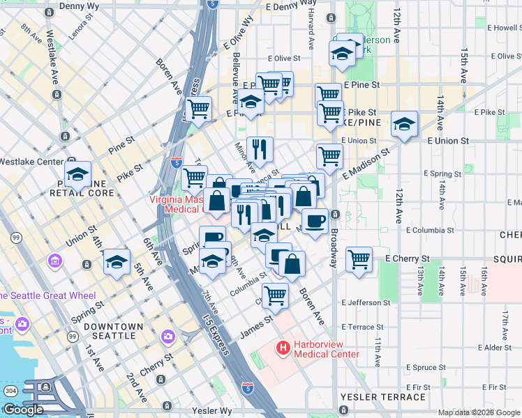 map of restaurants, bars, coffee shops, grocery stores, and more near in Seattle