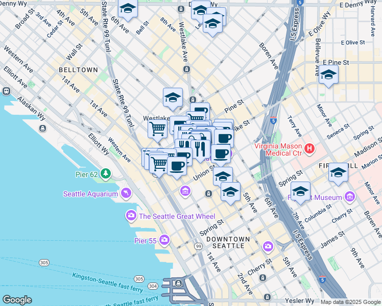 map of restaurants, bars, coffee shops, grocery stores, and more near 1501 4th Avenue in Seattle