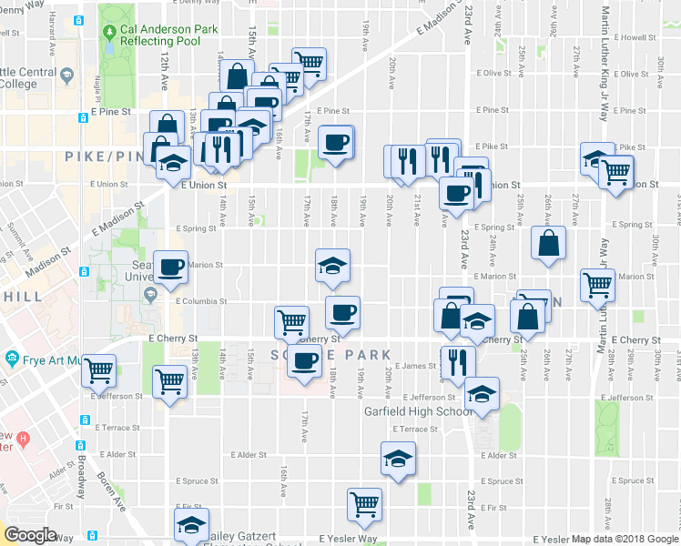 map of restaurants, bars, coffee shops, grocery stores, and more near 834 18th Avenue in Seattle
