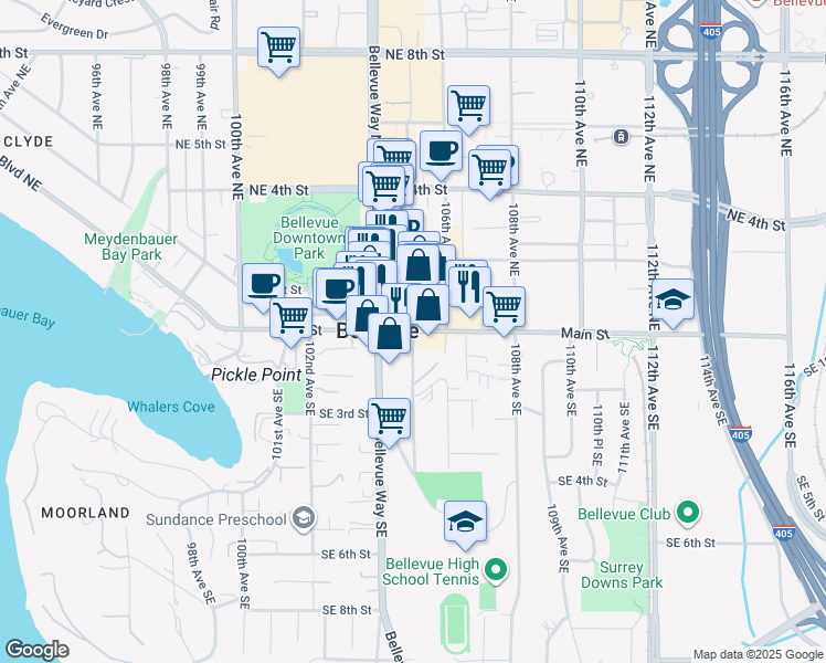 map of restaurants, bars, coffee shops, grocery stores, and more near in Bellevue