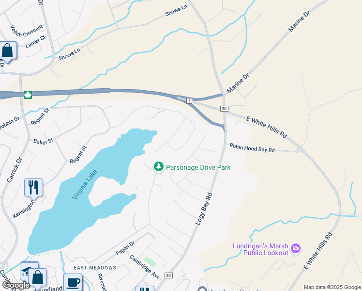 map of restaurants, bars, coffee shops, grocery stores, and more near 68 Cheyne Drive in Saint John's