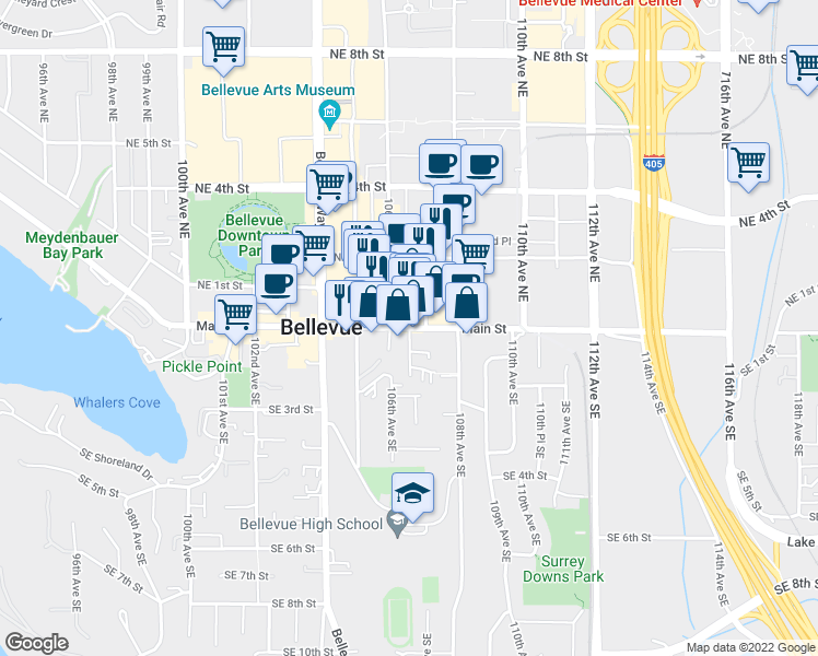 map of restaurants, bars, coffee shops, grocery stores, and more near Main St & 107th Ave SE in Bellevue