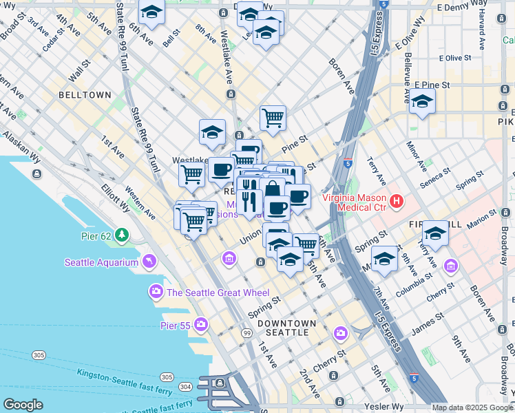 map of restaurants, bars, coffee shops, grocery stores, and more near 1401 4th Avenue in Seattle
