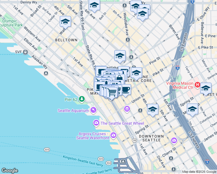 map of restaurants, bars, coffee shops, grocery stores, and more near 106 Pine Street in Seattle