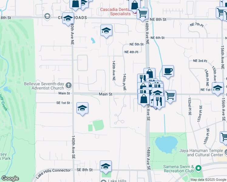map of restaurants, bars, coffee shops, grocery stores, and more near 14266 Main Street in Bellevue