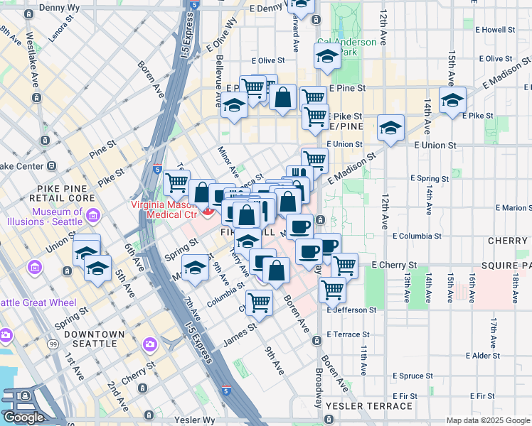 map of restaurants, bars, coffee shops, grocery stores, and more near 1000 Minor Avenue in Seattle