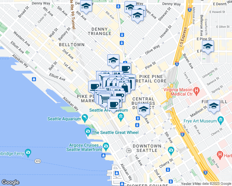 map of restaurants, bars, coffee shops, grocery stores, and more near 1528 3rd Avenue in Seattle
