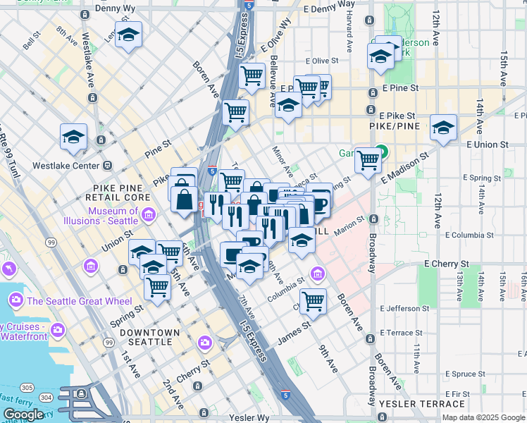 map of restaurants, bars, coffee shops, grocery stores, and more near 925 Seneca Street in Seattle