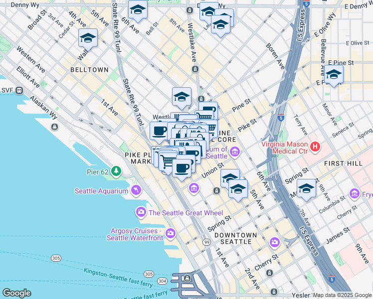 map of restaurants, bars, coffee shops, grocery stores, and more near 1528 3rd Avenue in Seattle