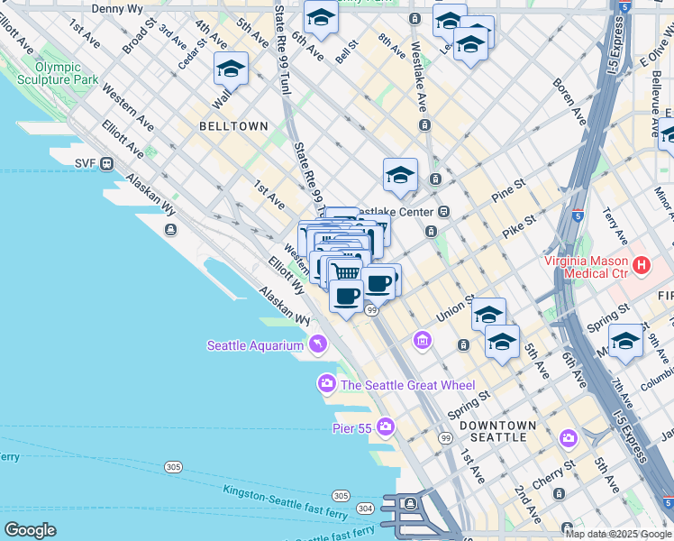 map of restaurants, bars, coffee shops, grocery stores, and more near 1908 Post Alley in Seattle
