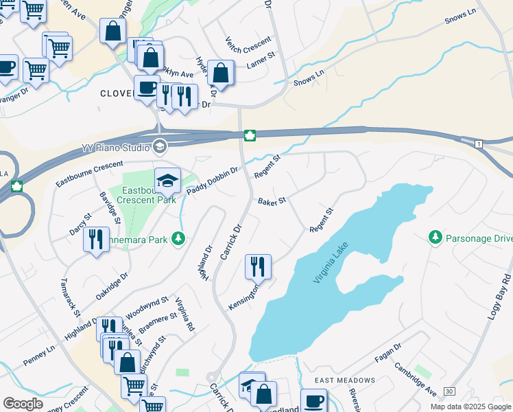 map of restaurants, bars, coffee shops, grocery stores, and more near 4 Baker Street in St. John's
