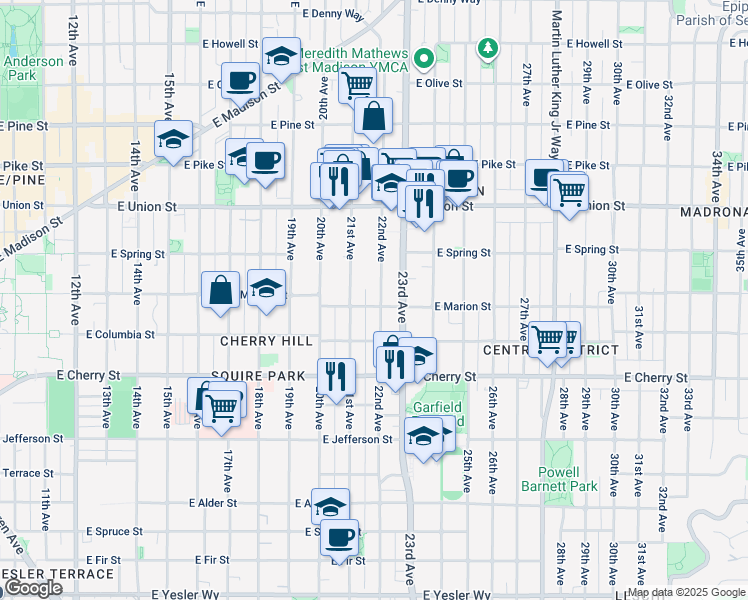map of restaurants, bars, coffee shops, grocery stores, and more near 2123 East Marion Street in Seattle