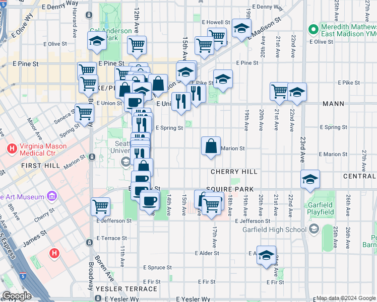 map of restaurants, bars, coffee shops, grocery stores, and more near 825 15th Avenue in Seattle