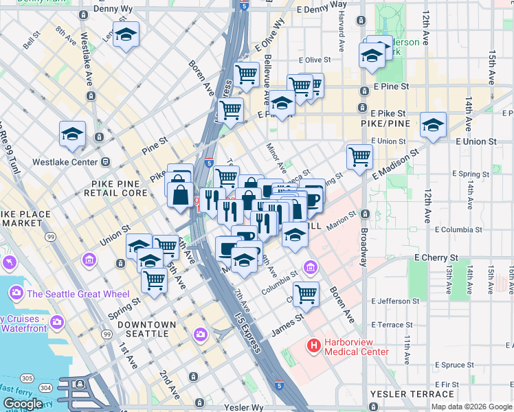 map of restaurants, bars, coffee shops, grocery stores, and more near 911 Seneca Street in Seattle
