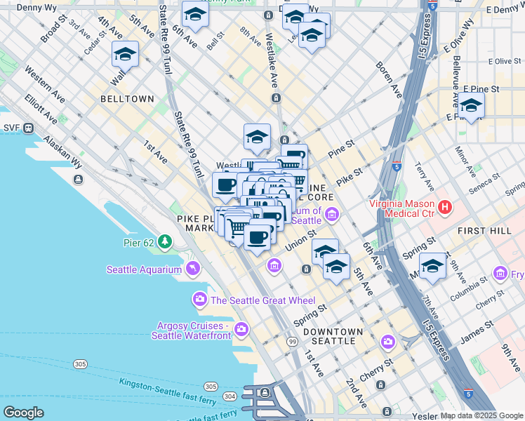 map of restaurants, bars, coffee shops, grocery stores, and more near 1528 3rd Avenue in Seattle