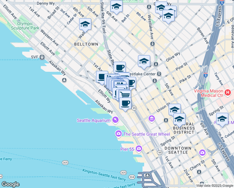 map of restaurants, bars, coffee shops, grocery stores, and more near 1922 Pike Place in Seattle