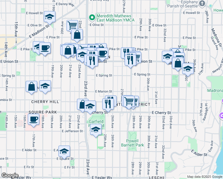 map of restaurants, bars, coffee shops, grocery stores, and more near 2516 East Marion Street in Seattle