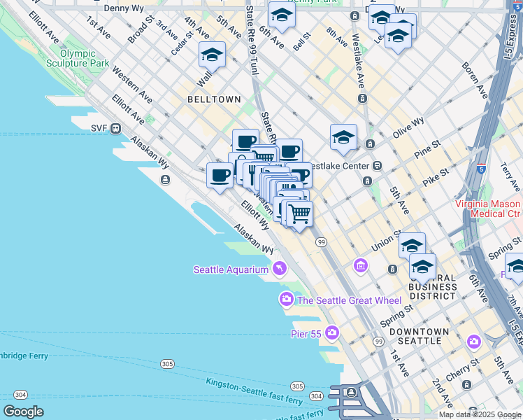 map of restaurants, bars, coffee shops, grocery stores, and more near 2000 Western Avenue in Seattle