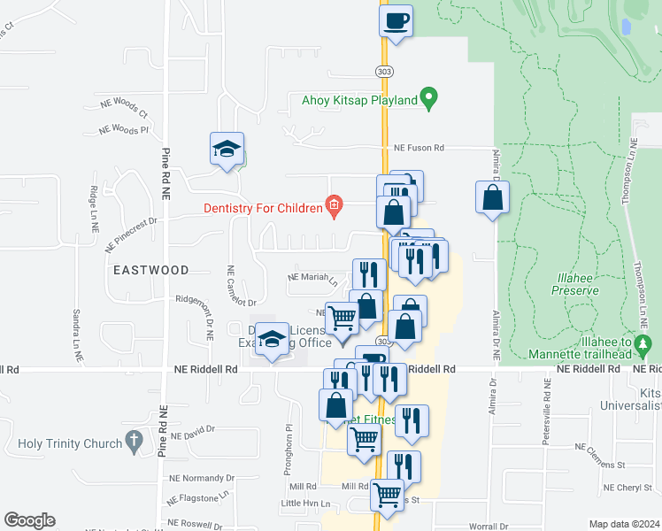 map of restaurants, bars, coffee shops, grocery stores, and more near 1588 Northeast Furneys Lane in Bremerton