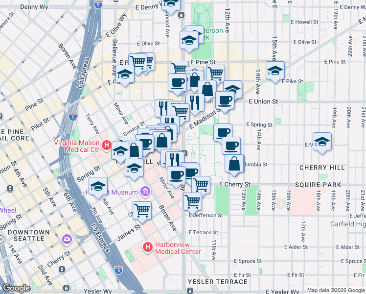 map of restaurants, bars, coffee shops, grocery stores, and more near Broadway in Seattle