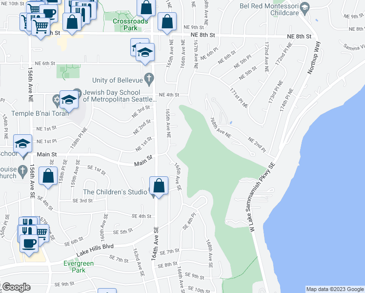 map of restaurants, bars, coffee shops, grocery stores, and more near 16515 Northeast 1st Street in Bellevue