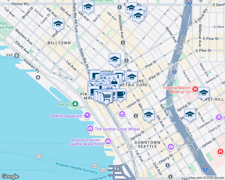 map of restaurants, bars, coffee shops, grocery stores, and more near 119 Pine Street in Seattle