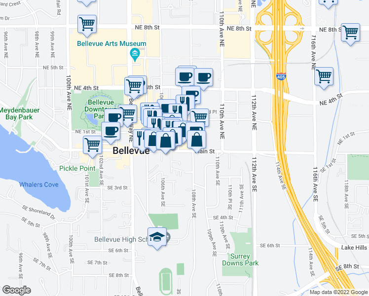 map of restaurants, bars, coffee shops, grocery stores, and more near 10713 Main Street in Bellevue