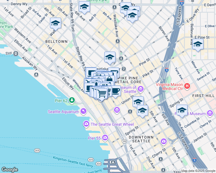 map of restaurants, bars, coffee shops, grocery stores, and more near in Seattle