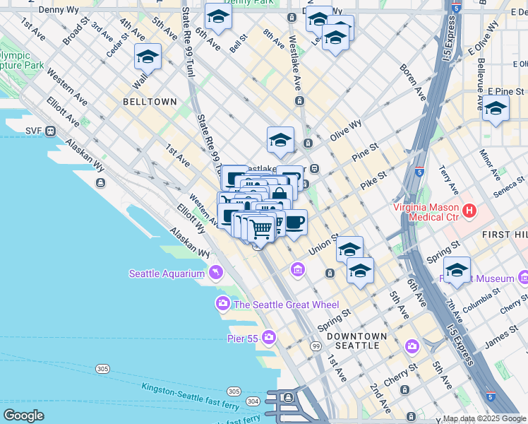 map of restaurants, bars, coffee shops, grocery stores, and more near 119 Pine Street in Seattle