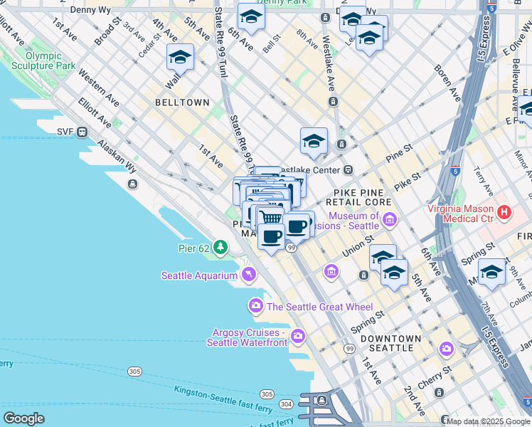 map of restaurants, bars, coffee shops, grocery stores, and more near 1524 Pike Place in Seattle
