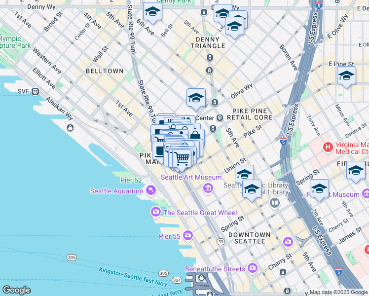 map of restaurants, bars, coffee shops, grocery stores, and more near 1601 2nd Avenue in Seattle