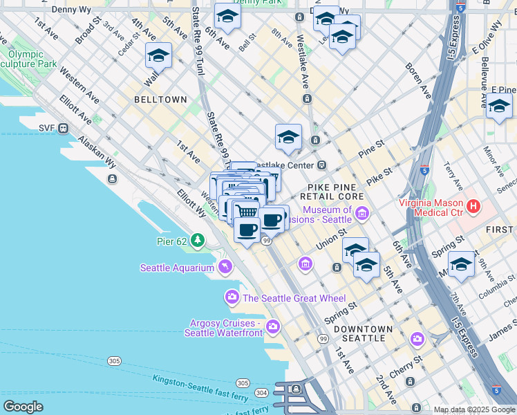 map of restaurants, bars, coffee shops, grocery stores, and more near 101 Stewart Street in Seattle