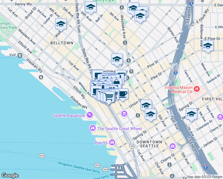 map of restaurants, bars, coffee shops, grocery stores, and more near 1610 2nd Avenue in Seattle