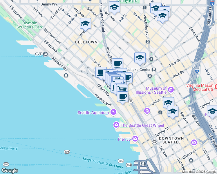 map of restaurants, bars, coffee shops, grocery stores, and more near 2001 Western Avenue in Seattle