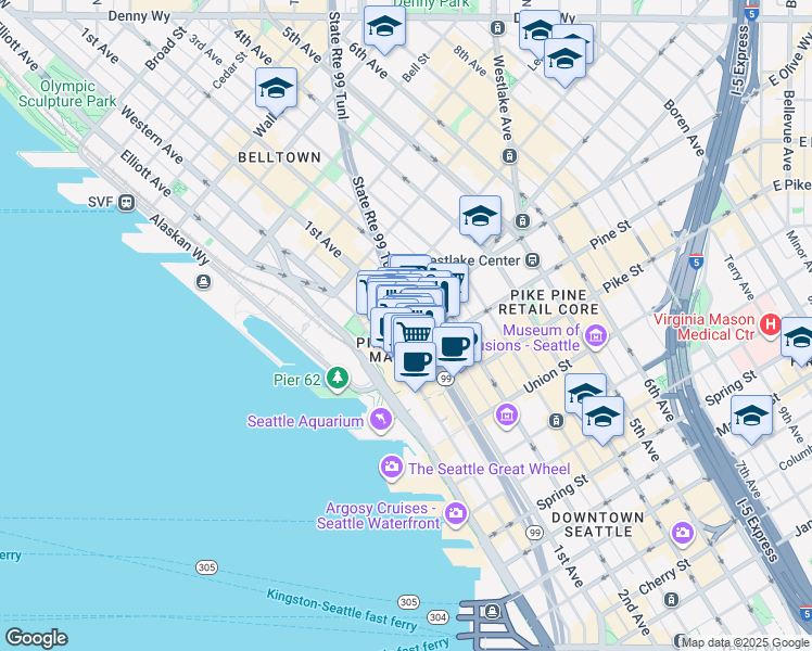map of restaurants, bars, coffee shops, grocery stores, and more near 1911 1st Avenue in Seattle