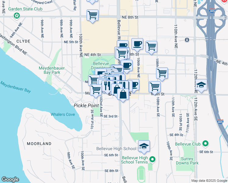 map of restaurants, bars, coffee shops, grocery stores, and more near 10360 Main Street in Bellevue