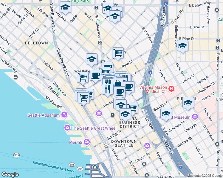 map of restaurants, bars, coffee shops, grocery stores, and more near 415 Pike St in Seattle