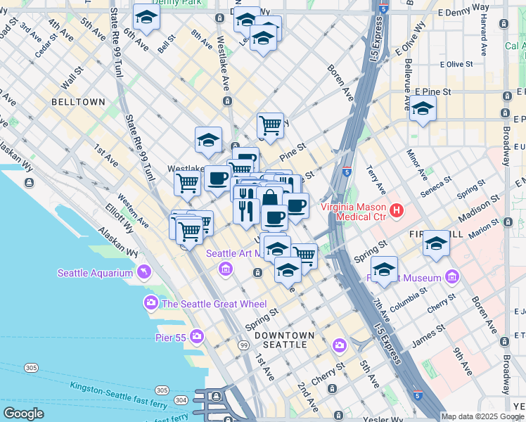 map of restaurants, bars, coffee shops, grocery stores, and more near 1401 4th Avenue in Seattle