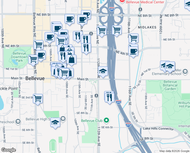 map of restaurants, bars, coffee shops, grocery stores, and more near 35 112th Avenue Northeast in Bellevue