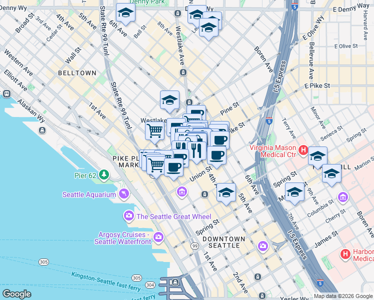 map of restaurants, bars, coffee shops, grocery stores, and more near in Seattle