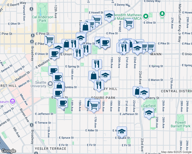 map of restaurants, bars, coffee shops, grocery stores, and more near E Marion St & 17th Ave in Seattle
