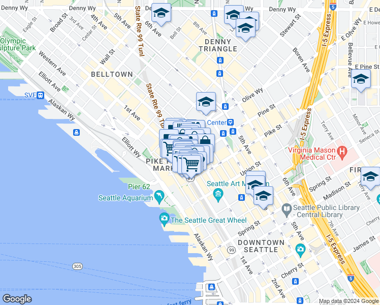 map of restaurants, bars, coffee shops, grocery stores, and more near 1601 2nd Avenue in Seattle
