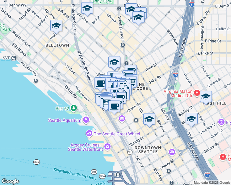 map of restaurants, bars, coffee shops, grocery stores, and more near 217 Pine Street in Seattle