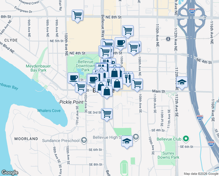 map of restaurants, bars, coffee shops, grocery stores, and more near  in Bellevue