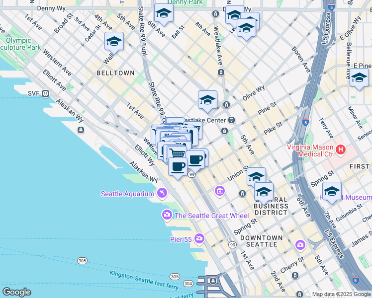 map of restaurants, bars, coffee shops, grocery stores, and more near 1524 Pike Place in Seattle