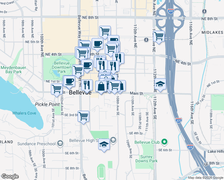 map of restaurants, bars, coffee shops, grocery stores, and more near 10708 Main Street in Bellevue